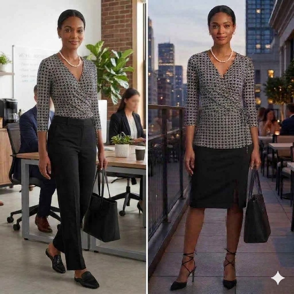 Womens Faux Wrap Top S Black White Ruched 3/4 Sleeves Business Casual Date Night